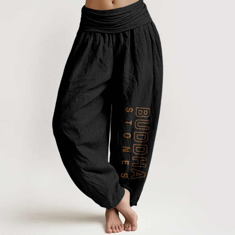 Pantalones harén de cintura elástica para mujer con la palabra Buddha Stones en algodón puro de color liso. - Negro - US22，UK/AU26，EU54 (6XL) - image 5