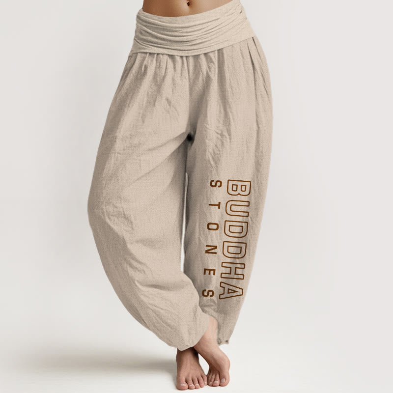 Pantalones harén de cintura elástica para mujer con la palabra Buddha Stones en algodón puro de color liso. - Broncearse - US22，UK/AU26，EU54 (6XL) - image 0