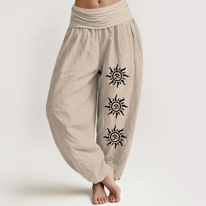 Pantalones harén de algodón puro con estampado de Buddha Stones, color liso, con símbolo del sol y Om, para mujer, con cintura elástica - Broncearse - US22，UK/AU26，EU54 (6XL) - image 14