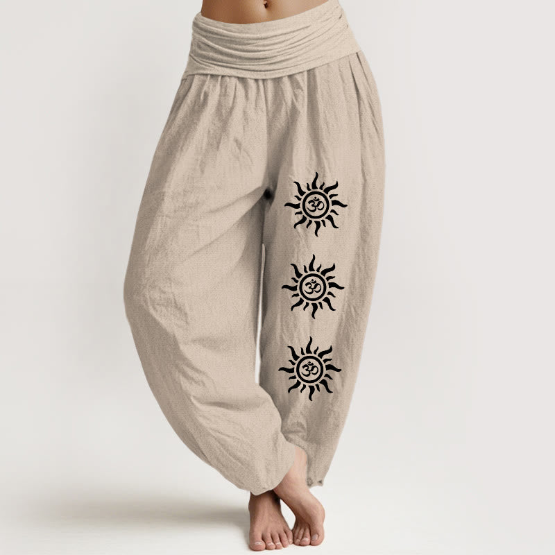 Pantalones harén de algodón puro con estampado de Buddha Stones, color liso, con símbolo del sol y Om, para mujer, con cintura elástica - Broncearse - US22，UK/AU26，EU54 (6XL) - image 14