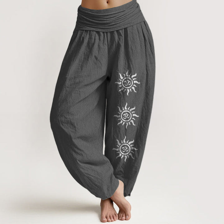Pantalones harén de algodón puro con estampado de Buddha Stones, color liso, con símbolo del sol y Om, para mujer, con cintura elástica - Gris tenue - US22，UK/AU26，EU54 (6XL) - image 11