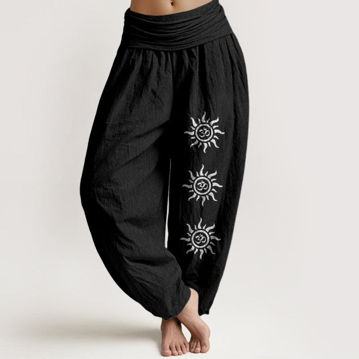 Pantalones harén de algodón puro con estampado de Buddha Stones, color liso, con símbolo del sol y Om, para mujer, con cintura elástica - Negro - US22，UK/AU26，EU54 (6XL) - image 5