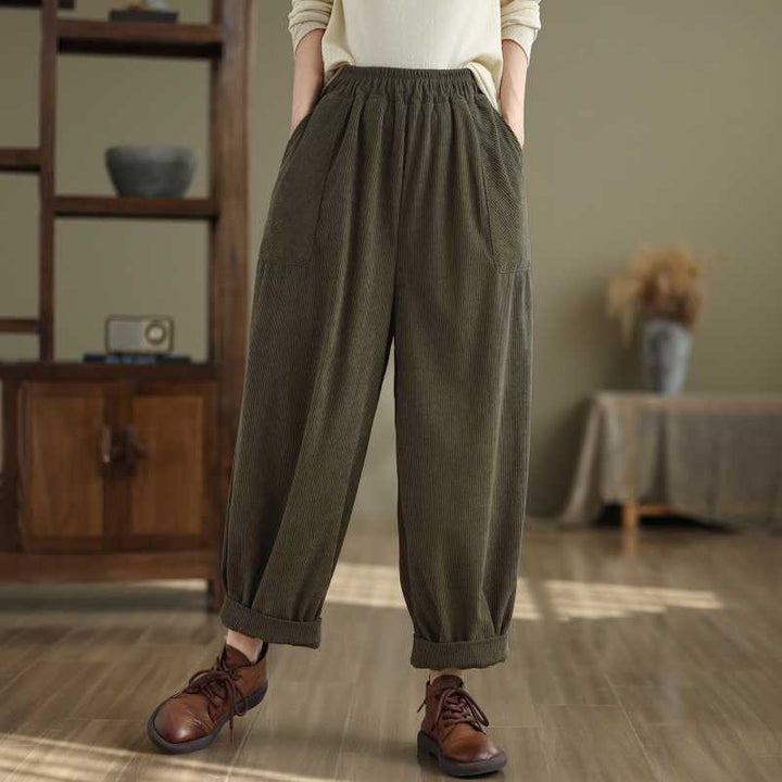 Pantalones harén de pana para mujer, de diseño sencillo, hasta los tobillos, de color liso y con bolsillos , de Buddha Stones, para invierno - Verde oscuro - US8-10，UK/AU12-14，EU40-42 (2XL) - image 0