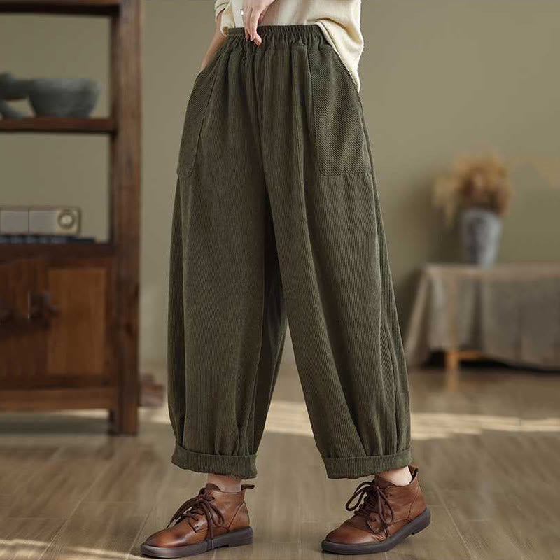 Pantalones harén de pana para mujer, de diseño sencillo, hasta los tobillos, de color liso y con bolsillos , de Buddha Stones, para invierno - image 1