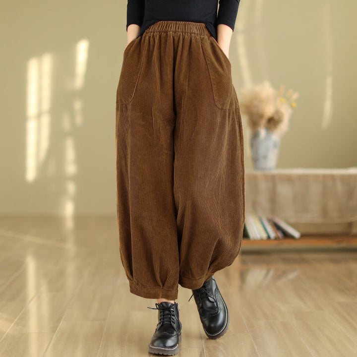 Pantalones harén de pana para mujer con cintura elástica y bolsillos, diseño Buddha Stones - Marrón silla de montar - US8-10，UK/AU12-14，EU40-42 (2XL) - image 0