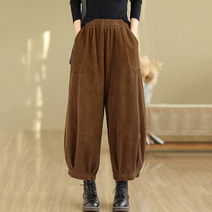 Pantalones harén de pana para mujer con cintura elástica y bolsillos, diseño Buddha Stones - image 1