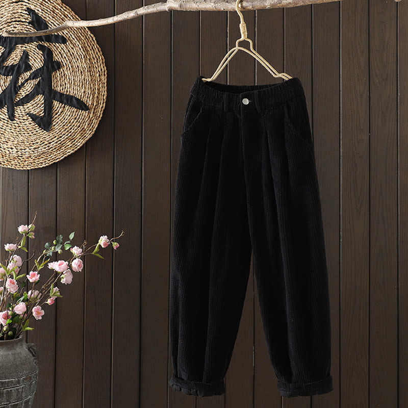 Pantalones harén Buddha Stones de invierno para mujer, de pana lisa, de algodón, de cintura alta, forrados con vellón y bolsillos - image 12