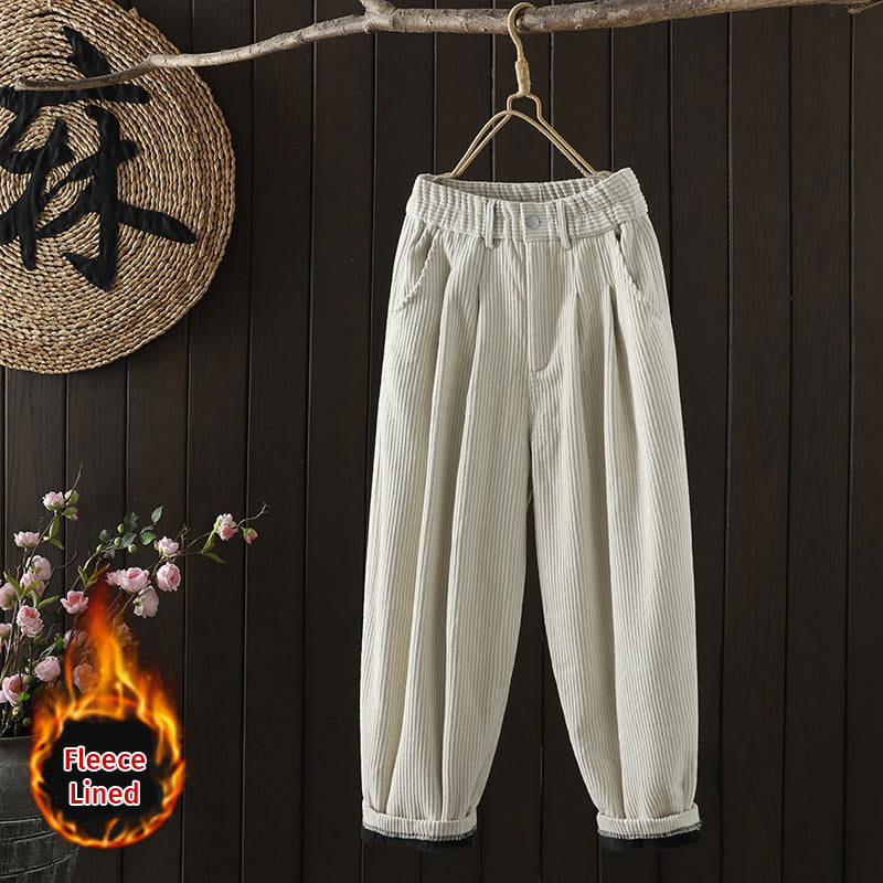 Pantalones harén Buddha Stones de invierno para mujer, de pana lisa, de algodón, de cintura alta, forrados con vellón y bolsillos - Lino - US8-10，UK/AU12-14，EU40-42 (2XL) - image 0