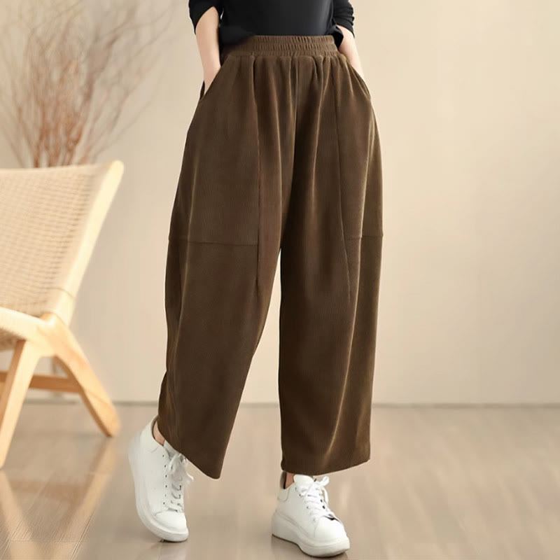 Pantalones harén de pana lisa con bolsillos y diseño patchwork de Buddha Stones para mujer, otoño - image 1