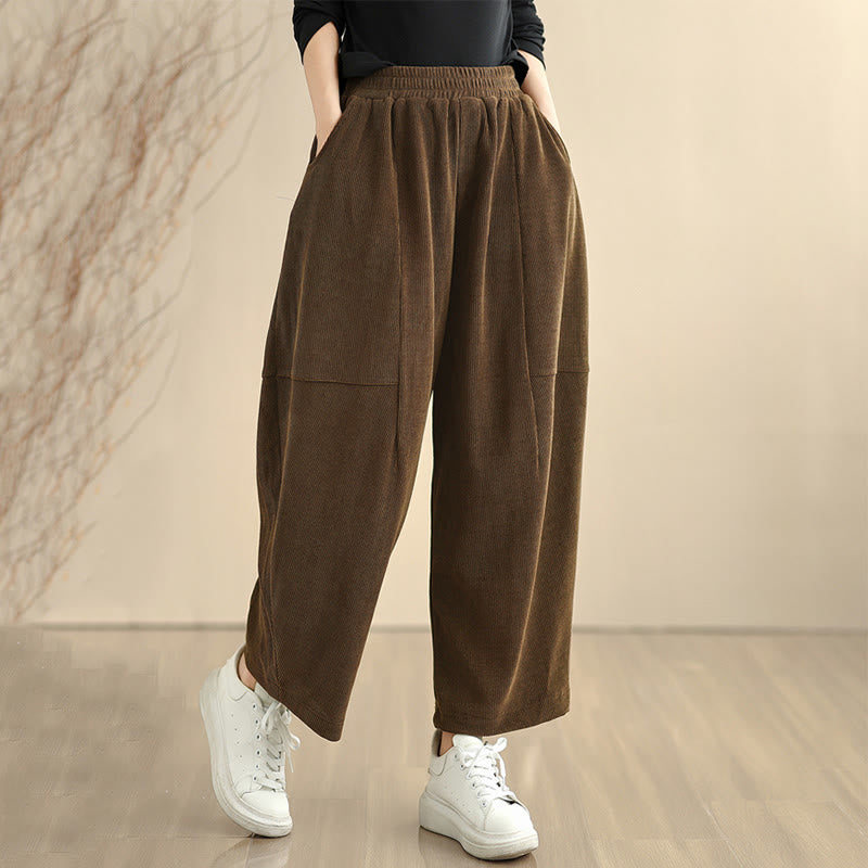 Pantalones harén de pana lisa con bolsillos y diseño patchwork de Buddha Stones para mujer, otoño - Marrón silla de montar - US8-10，UK/AU12-14，EU40-42 (2XL) - image 0