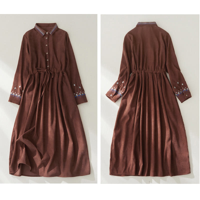 Vestido midi de manga larga con bolsillos, diseño floral bordado con Buddha Stones y cordones - image 7