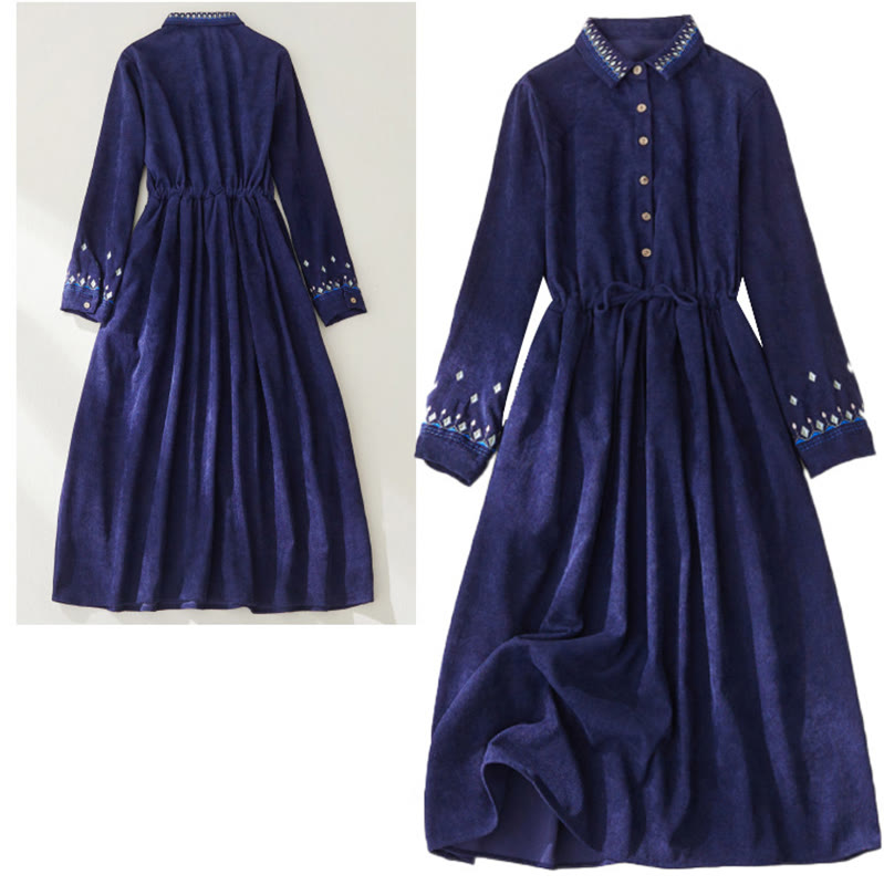 Vestido midi de manga larga con bolsillos, diseño floral bordado con Buddha Stones y cordones - image 14