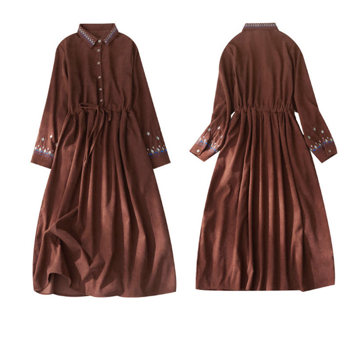 Vestido midi de manga larga con bolsillos, diseño floral bordado con Buddha Stones y cordones - image 9