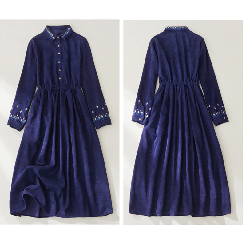 Vestido midi de manga larga con bolsillos, diseño floral bordado con Buddha Stones y cordones - image 13