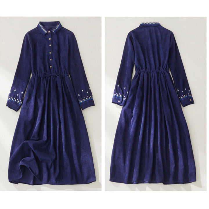 Vestido midi de manga larga con bolsillos, diseño floral bordado con Buddha Stones y cordones - image 13