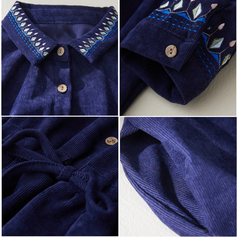 Vestido midi de manga larga con bolsillos, diseño floral bordado con Buddha Stones y cordones - image 12