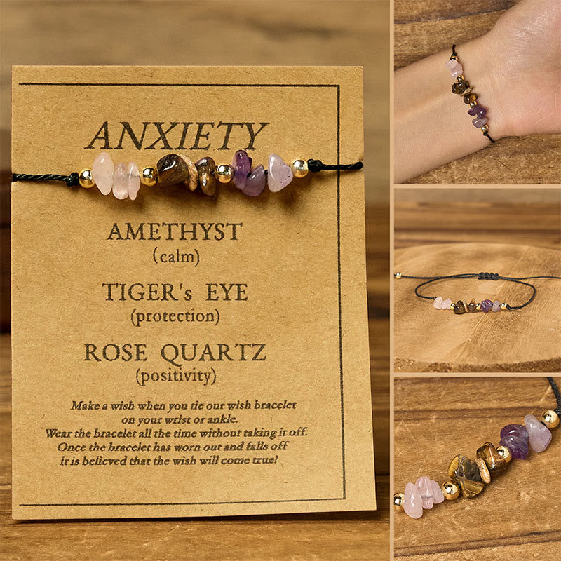 Pulsera de cuerda con Buddha Stones, amatista, ojo de tigre, cuarzo rosa, protección contra la ansiedad - Cuentas irregulares (circunferencia de la muñeca: 14-23 cm) - image 0