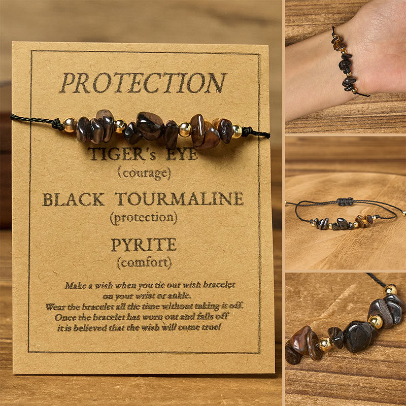 Pulsera de cuerda con tarjeta de protección de pirita, turmalina negra y ojo de tigre de Buddha Stones - Cuentas irregulares (circunferencia de la muñeca: 14-23 cm) - image 0