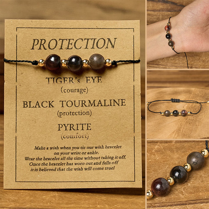 Pulsera de cuerda con tarjeta de protección de pirita, turmalina negra y ojo de tigre de Buddha Stones - Cuentas redondas (circunferencia de la muñeca: 14-23 cm) - image 10