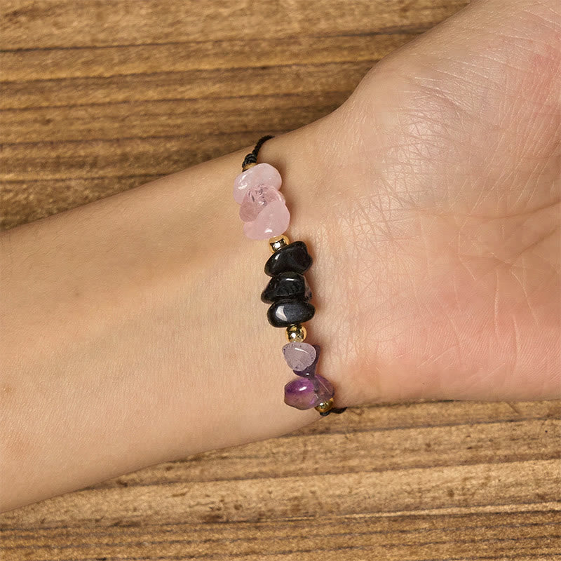 Pulsera de cuerda con Buddha Stones, amatista, turmalina negra, cuarzo rosa y tarjeta de empatía - image 5