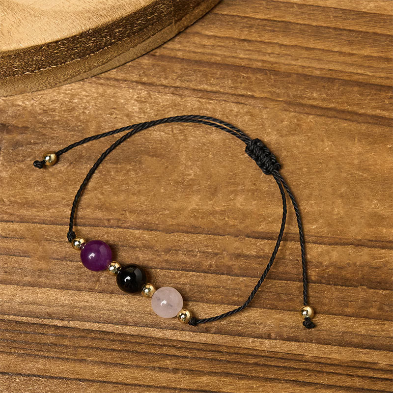 Pulsera de cuerda con Buddha Stones, amatista, turmalina negra, cuarzo rosa y tarjeta de empatía - image 12