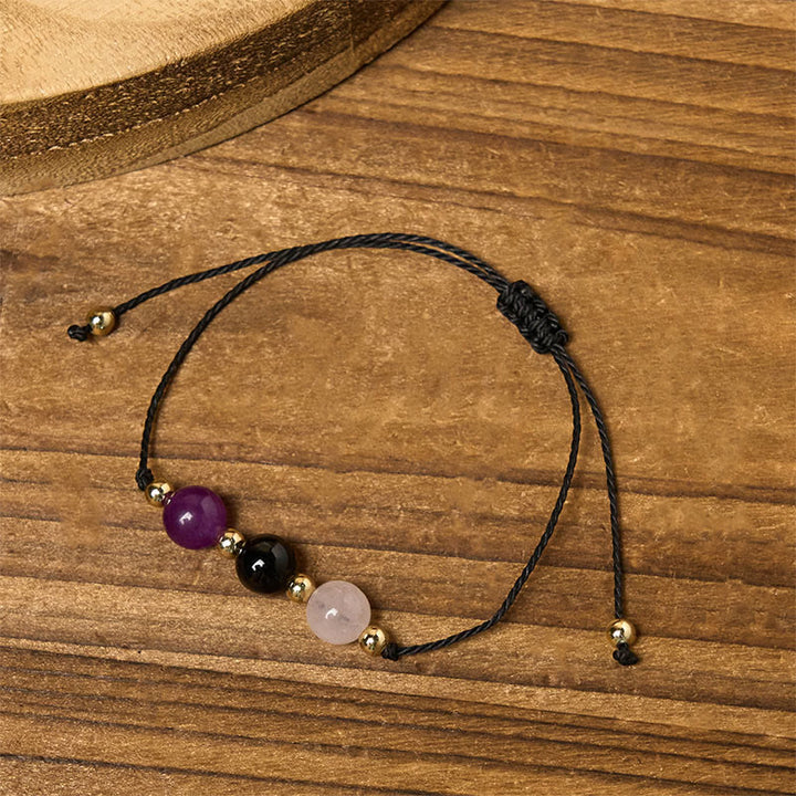 Pulsera de cuerda con Buddha Stones, amatista, turmalina negra, cuarzo rosa y tarjeta de empatía - image 12