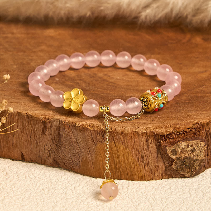Pulsera de positividad con flores de cristal de ágata blanca tibetana y Buddha Stones - Cristal rosa (circunferencia de la muñeca: 14-16 cm) - image 10