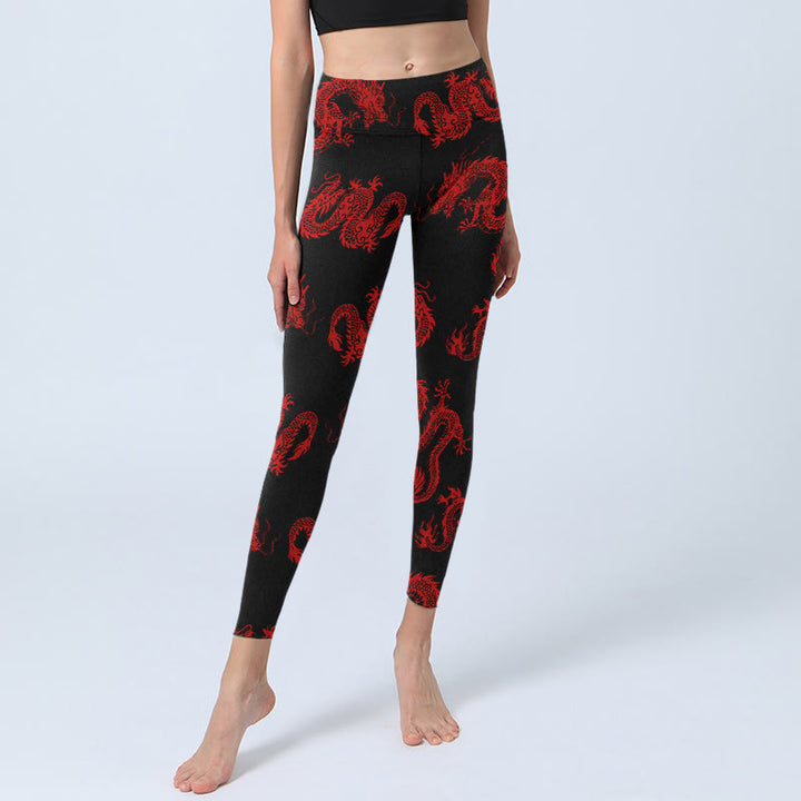 Buddha Stones Leggings de yoga para mujer con estampado de dragón rojo - image 5