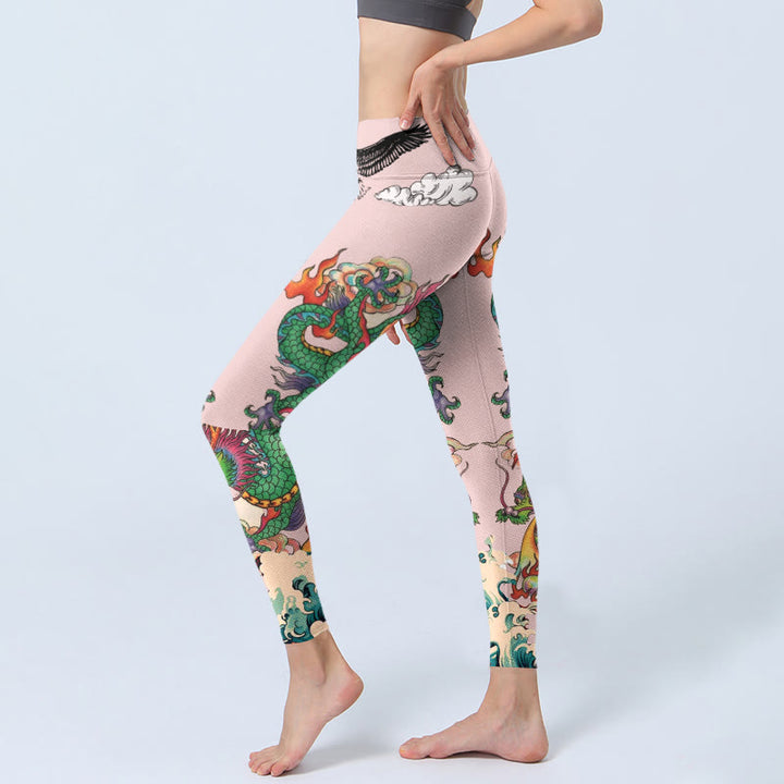 Buddha Stones Leggings de yoga para mujer con estampado de nubes auspiciosas y olas de águila y dragón rosa - image 2
