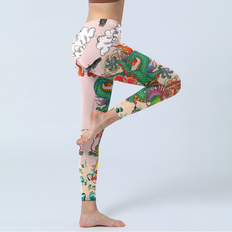 Buddha Stones Leggings de yoga para mujer con estampado de nubes auspiciosas y olas de águila y dragón rosa - image 3