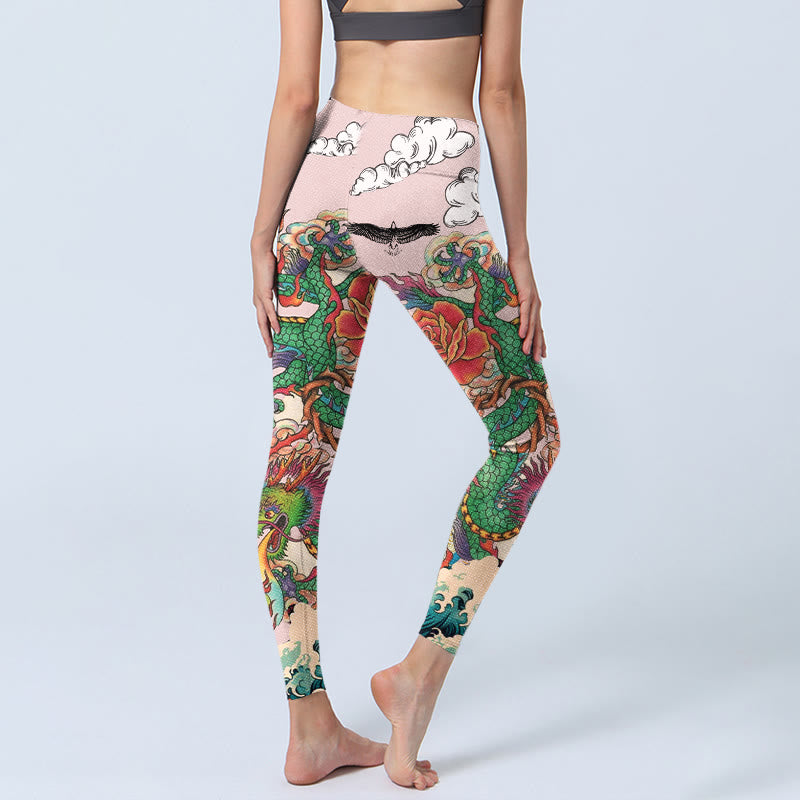 Buddha Stones Leggings de yoga para mujer con estampado de nubes auspiciosas y olas de águila y dragón rosa - image 4
