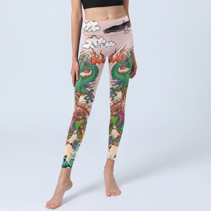 Buddha Stones Leggings de yoga para mujer con estampado de nubes auspiciosas y olas de águila y dragón rosa - image 5