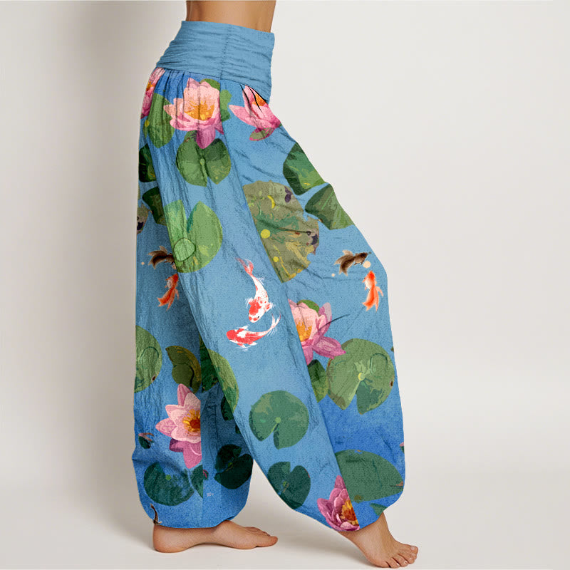 Pantalones harén de algodón puro con cintura elástica para mujer, estampado de Buddha Stones , peces koi y flores de loto - image 1