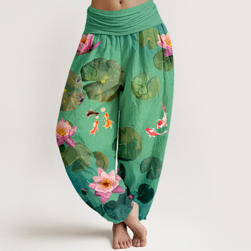 Pantalones harén de algodón puro con cintura elástica para mujer, estampado de Buddha Stones , peces koi y flores de loto - Verde primavera - US16，UK/AU20，EU48 (3XL) - image 5
