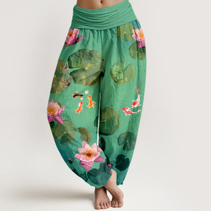 Pantalones harén de algodón puro con cintura elástica para mujer, estampado de Buddha Stones , peces koi y flores de loto - Verde primavera - US16，UK/AU20，EU48 (3XL) - image 5
