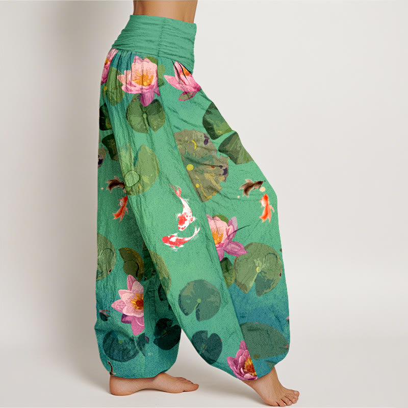 Pantalones harén de algodón puro con cintura elástica para mujer, estampado de Buddha Stones , peces koi y flores de loto - image 6