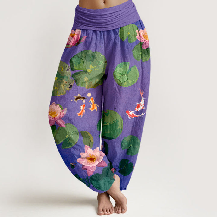 Pantalones harén de algodón puro con cintura elástica para mujer, estampado de Buddha Stones , peces koi y flores de loto - Violeta oscuro - US16，UK/AU20，EU48 (3XL) - image 8