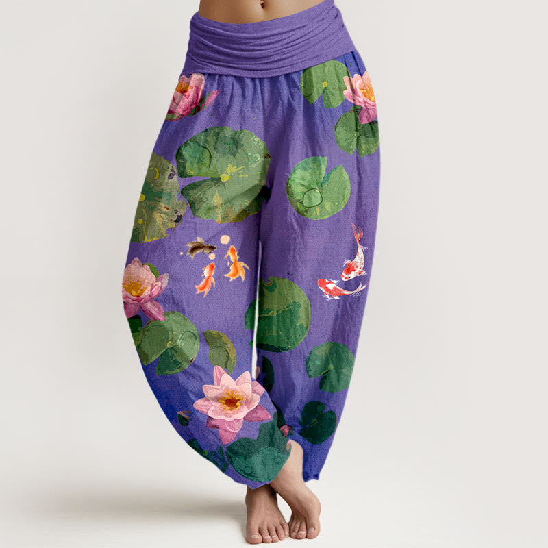 Pantalones harén de algodón puro con cintura elástica para mujer, estampado de Buddha Stones , peces koi y flores de loto - Violeta oscuro - US16，UK/AU20，EU48 (3XL) - image 8