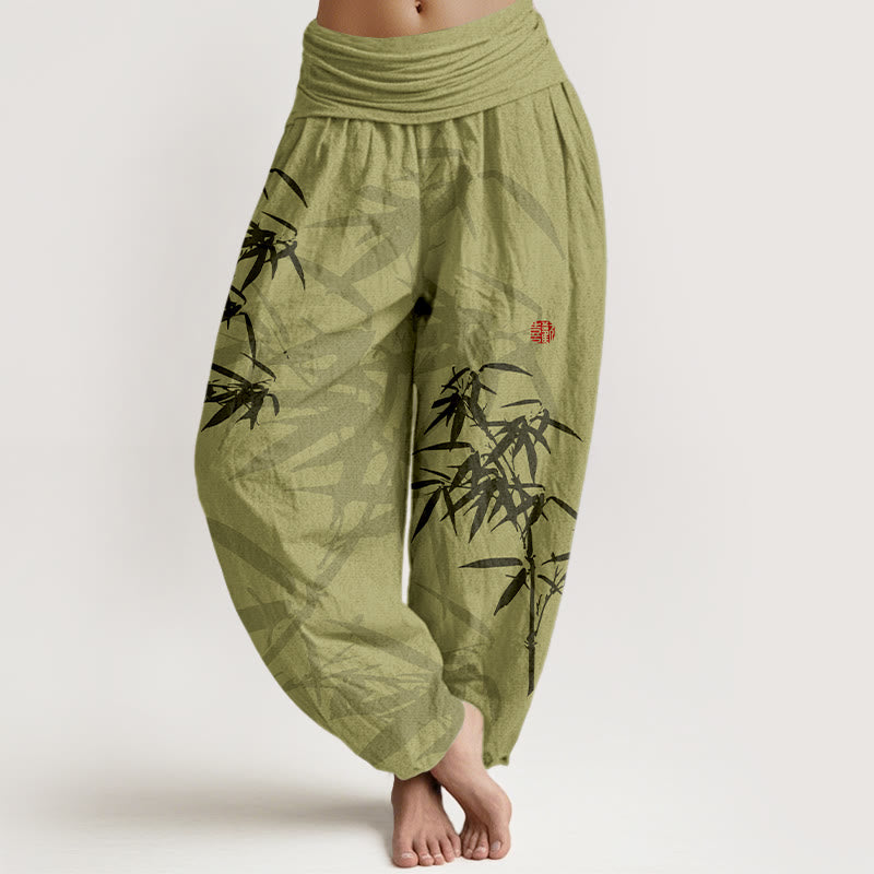 Pantalones harén de algodón puro con estampado de Buddha Stones para mujer, con cintura elástica - Verde amarillento - US16，UK/AU20，EU48 (3XL) - image 0
