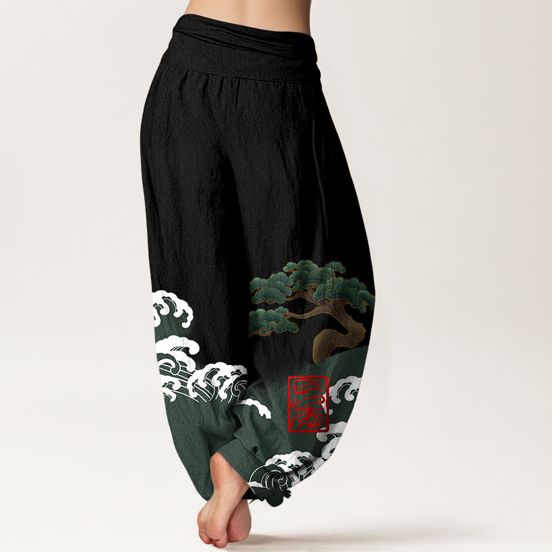 Pantalones harén de algodón puro con estampado de piedras de Buddha Stones y olas ondulantes para mujer, cintura elástica - image 2