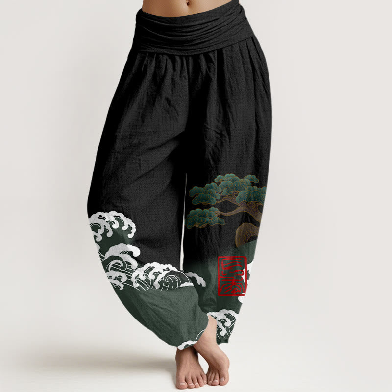 Pantalones harén de algodón puro con estampado de piedras de Buddha Stones y olas ondulantes para mujer, cintura elástica - Negro - US16，UK/AU20，EU48 (3XL) - image 0