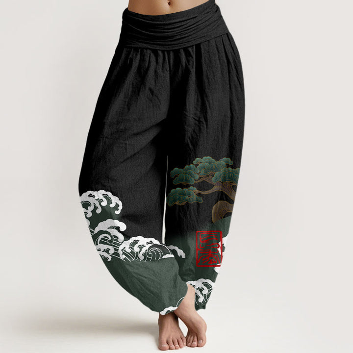 Pantalones harén de algodón puro con estampado de piedras de Buddha Stones y olas ondulantes para mujer, cintura elástica - Negro - US16，UK/AU20，EU48 (3XL) - image 0