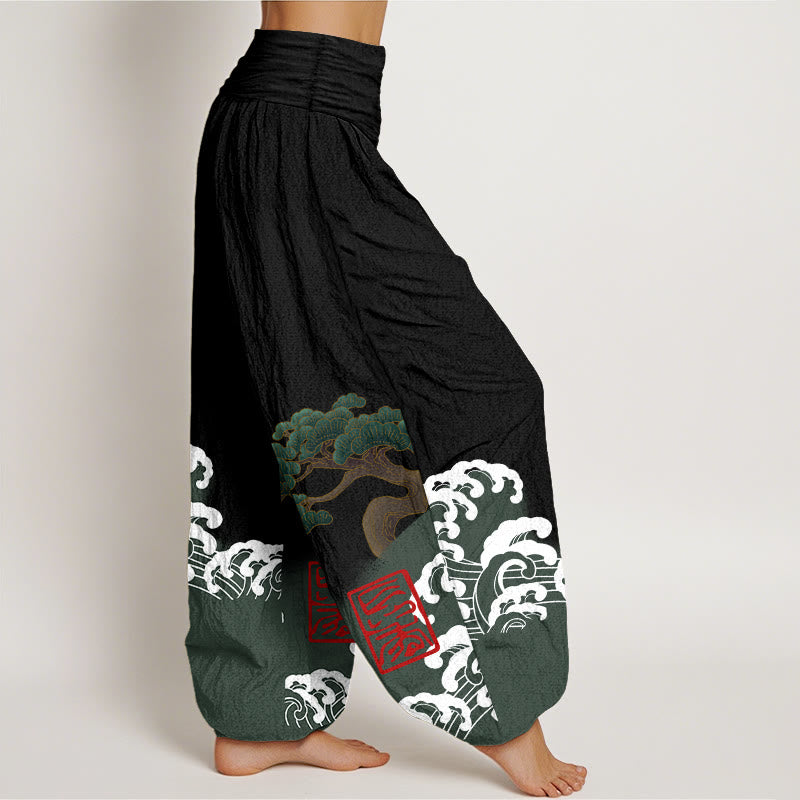 Pantalones harén de algodón puro con estampado de piedras de Buddha Stones y olas ondulantes para mujer, cintura elástica - image 1