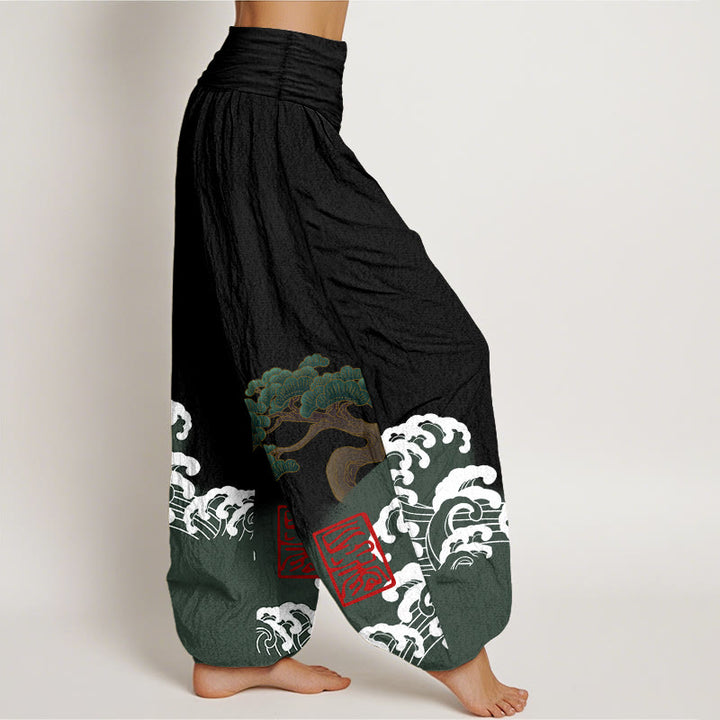 Pantalones harén de algodón puro con estampado de piedras de Buddha Stones y olas ondulantes para mujer, cintura elástica - image 1