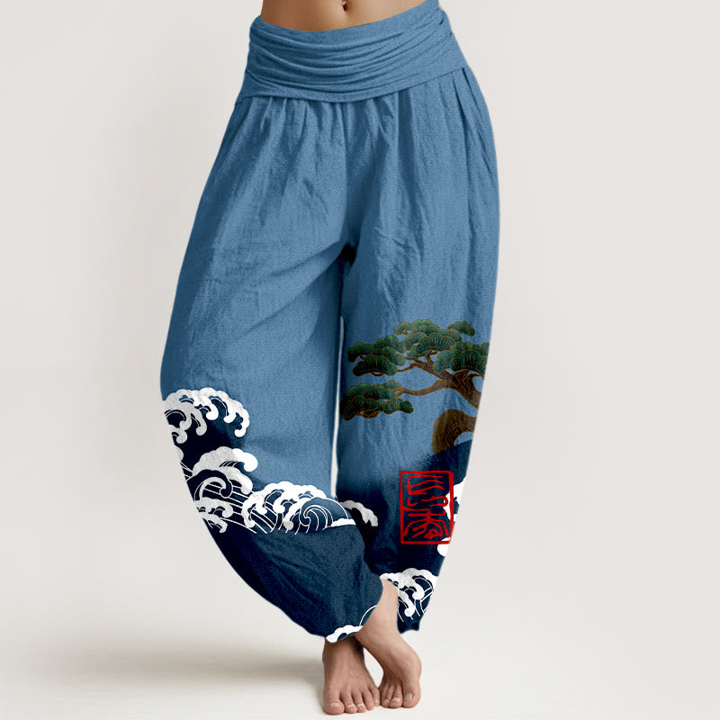 Pantalones harén de algodón puro con estampado de piedras de Buddha Stones y olas ondulantes para mujer, cintura elástica - Azul acero - US16，UK/AU20，EU48 (3XL) - image 5
