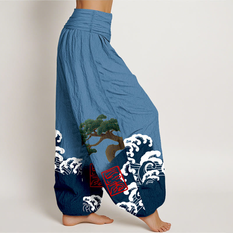 Pantalones harén de algodón puro con estampado de piedras de Buddha Stones y olas ondulantes para mujer, cintura elástica - image 6