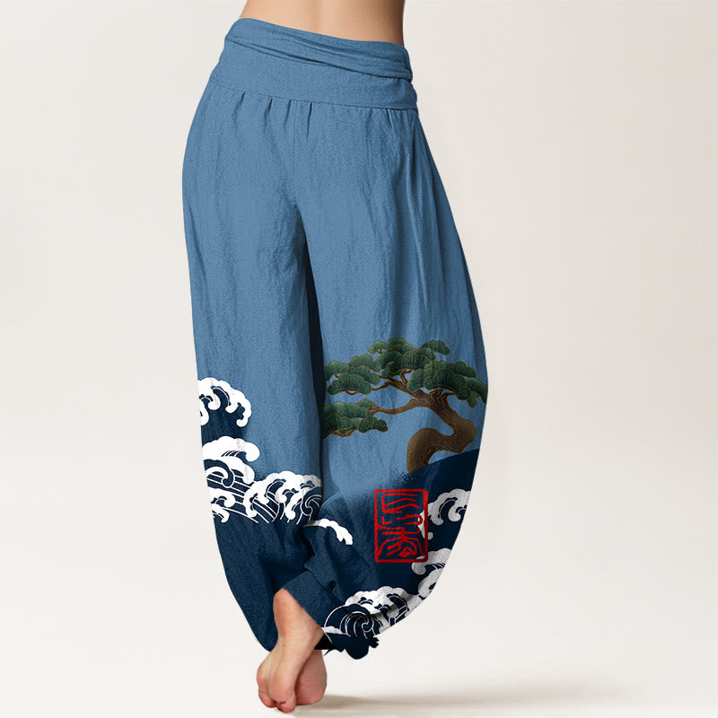 Pantalones harén de algodón puro con estampado de piedras de Buddha Stones y olas ondulantes para mujer, cintura elástica - image 7