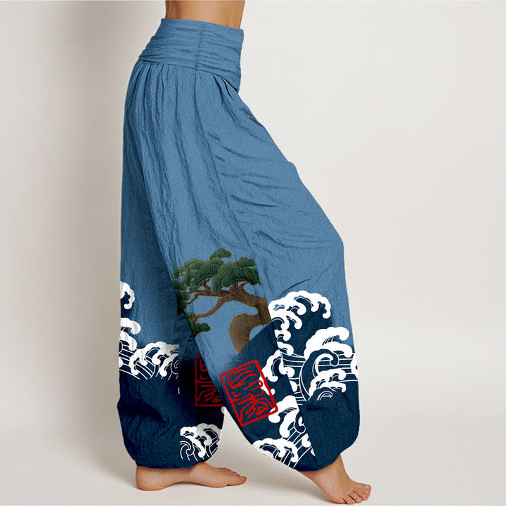 Pantalones harén de algodón puro con estampado de piedras de Buddha Stones y olas ondulantes para mujer, cintura elástica - image 6