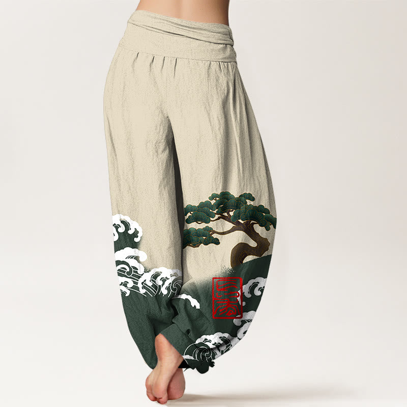 Pantalones harén de algodón puro con estampado de piedras de Buddha Stones y olas ondulantes para mujer, cintura elástica - image 10