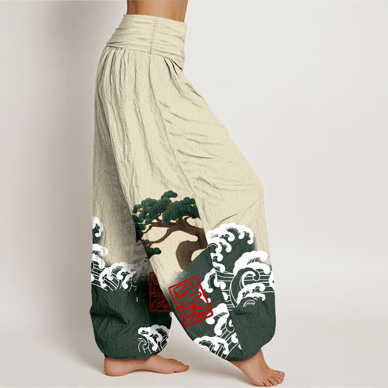 Pantalones harén de algodón puro con estampado de piedras de Buddha Stones y olas ondulantes para mujer, cintura elástica - image 9